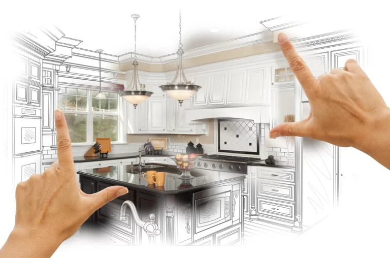 Female Hands Framing Custom Kitchen Design Drawing and Photo Combination