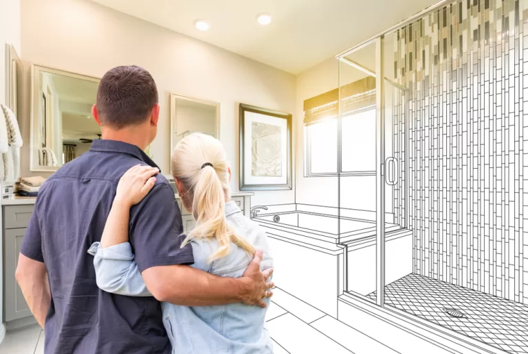 Couple Facing Bathroom Drawing Gradating To Photo.