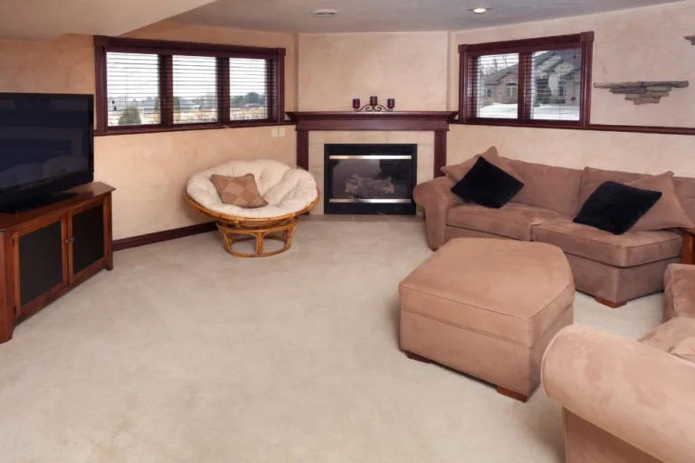 living room in finished basement