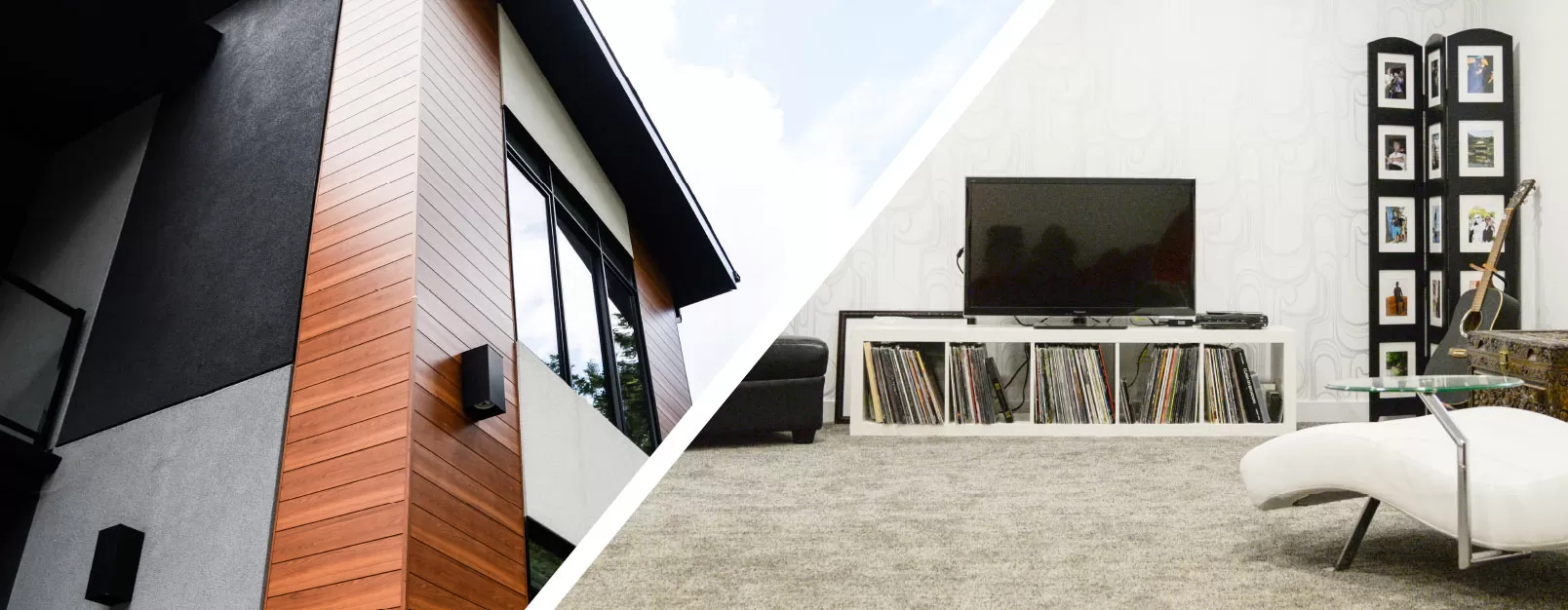 split image of modern home exterior with grey, black and wood and a white chaise lounge facing a matching entertainment centre with dark guitar, records, tv and chest. white walls and grey carpet.